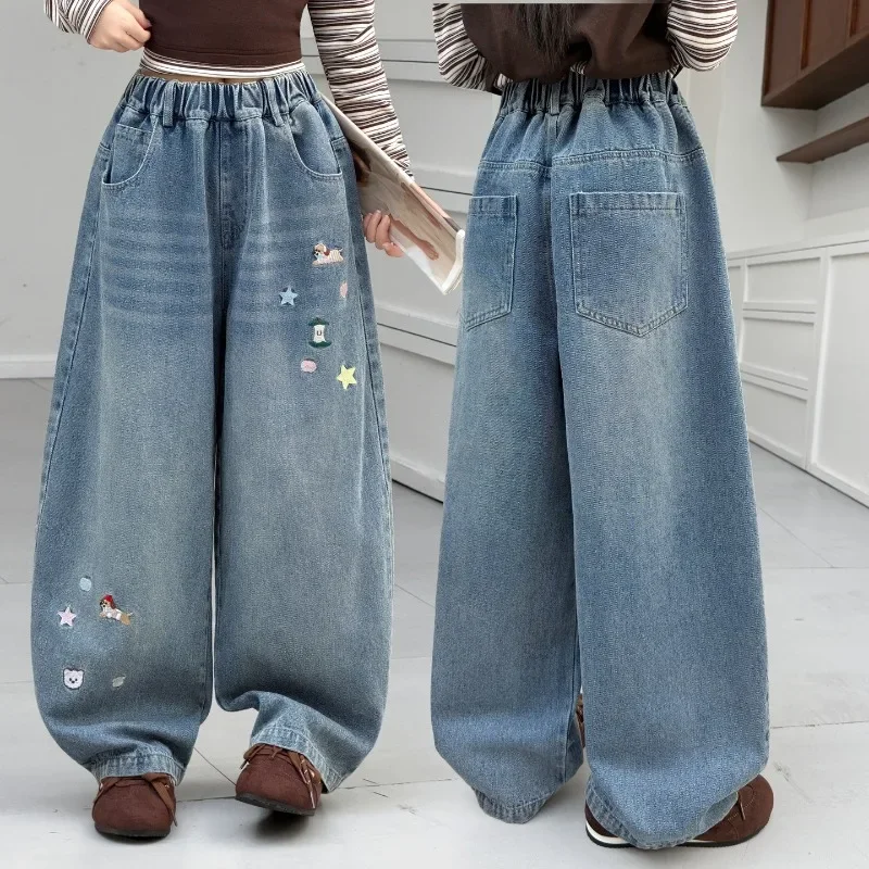 Children Girls Jeans UNITIM Autumn Young Teens Girls Denim Pants Vintage Love Print Junior Girls Wide Leg Pant Girls Dog Trouser
