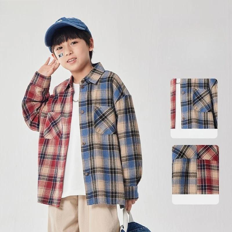 KKI Boys' Checkered Shirt 2025 Autumn New Trendy Loose Fit Kids Big Size