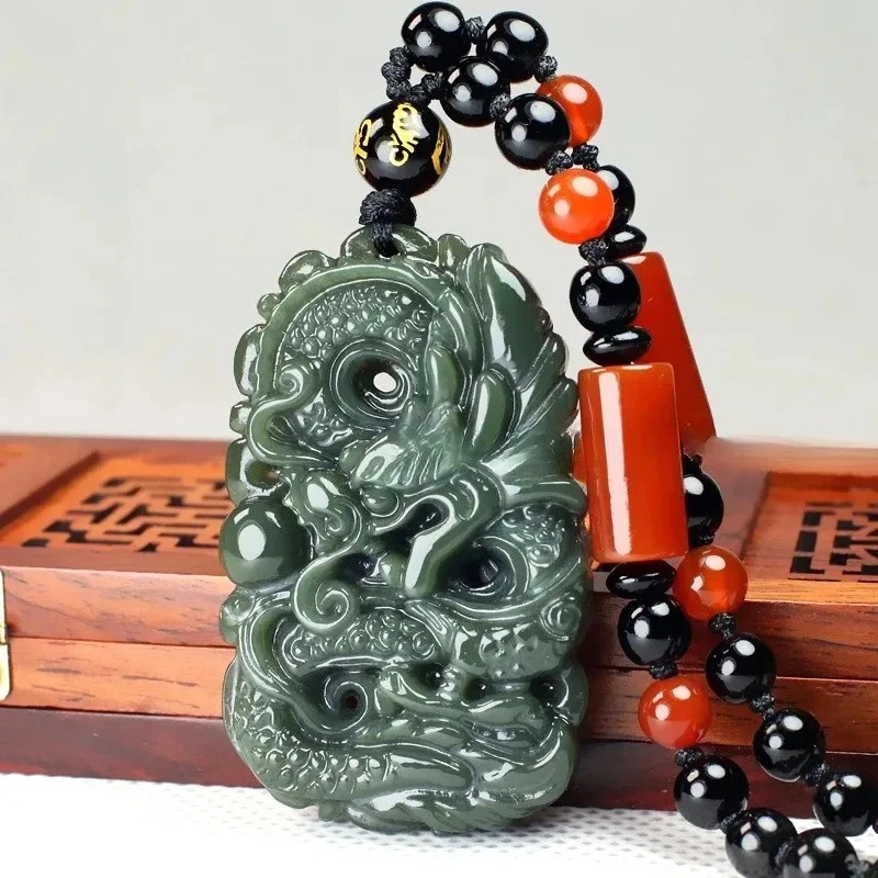 Natural Hotan Green Jade Dragon Pendant Double Sided Carved Jade Necklace for Men and Women Fashion Luxury Jewelry Lucky Amulet