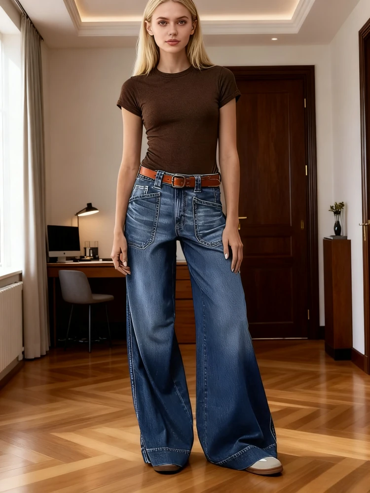 النساء الجينز الدنيم بانت بنطال ذو قصة أرجل واسعة سراويل جينز المتعثرة منتصف الخصر تمتد غسلها جيوب Y2k الشارع الشهير طول الأرض