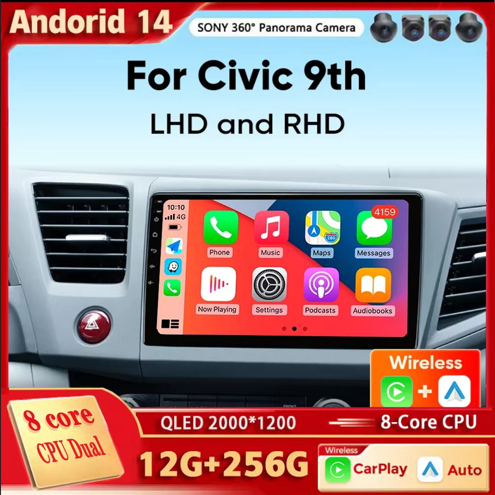 Android 14 Car Radio For Honda Civic 9 2012 2013 2014 2015 Car Radio Multimedia Video Player Navigation GPS No 2Din 2 Din DVD 4G