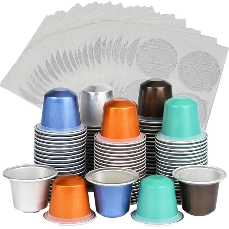 200Pcs Fillable Empty Aluminum Foil Capsules Coffee Pods Set,Your Own Espresso Coffee Cups Pod & Seals Sticker Lids Kit