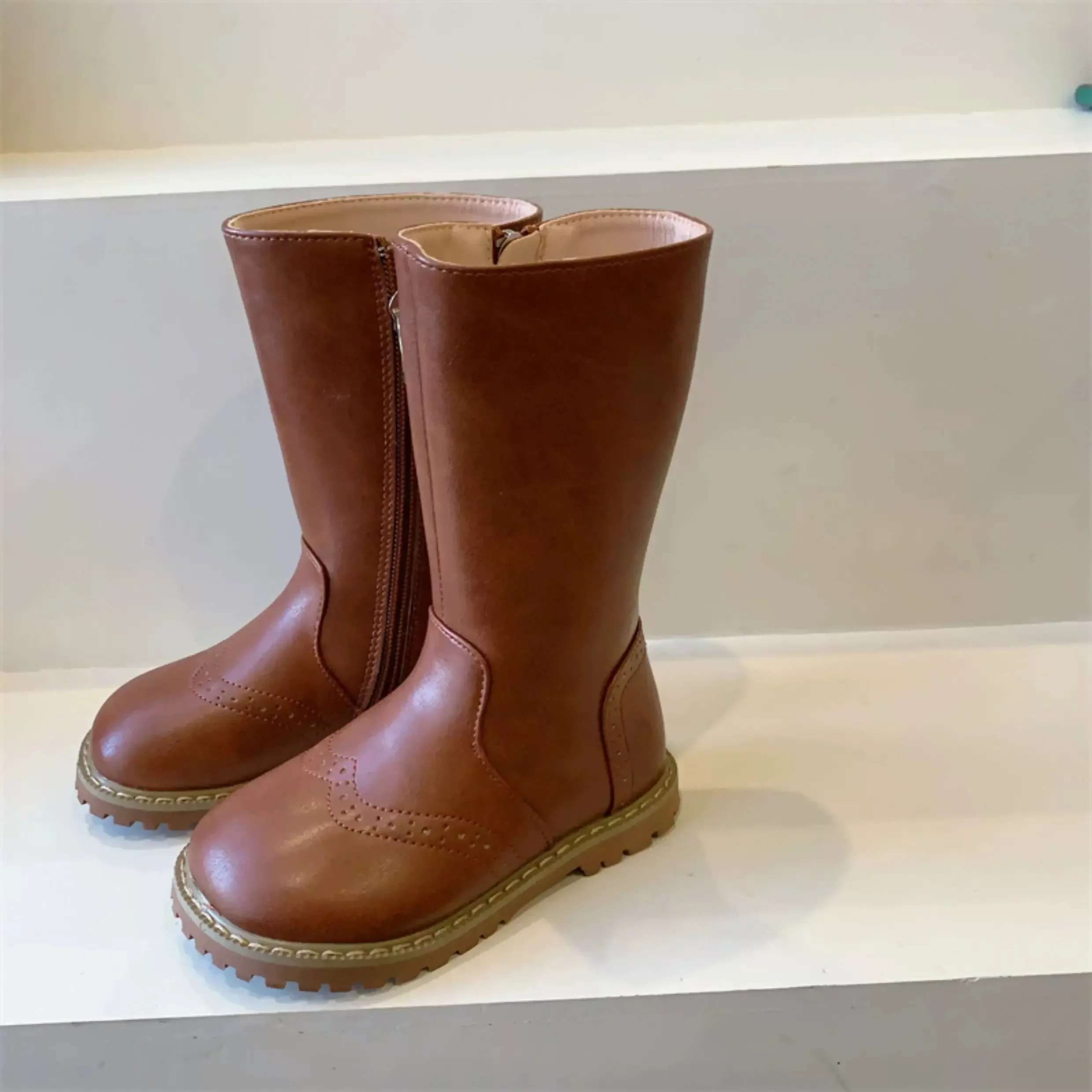 Toddler Girls Vintage Mid Calf Boots, Brogue Perforated Detail, Side Zipper, Non Slip Thick Sole for Autumn Daily Wear