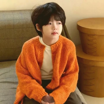 Boys Girls Autumn Sweater 2025 New Korean Fashionable Kids Spring Fall Winter Solid Color Single Breasted Knitted Cardigan