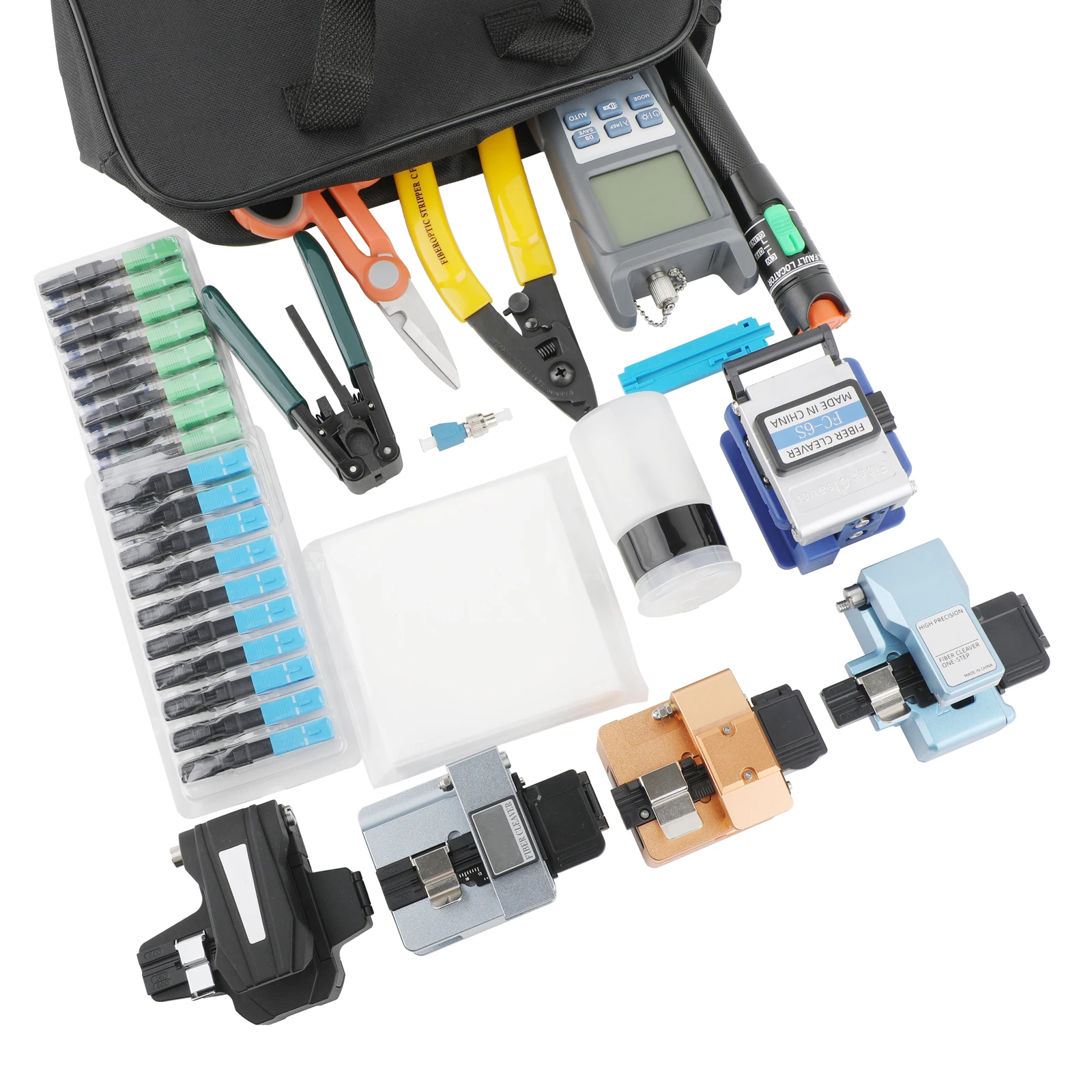 (10 في 1) تتضمن مجموعة أدوات اختبار إنهاء الألياف الضوئية: مقياس الطاقة الضوئية عالي الدقة من الألياف الضوئية وما إلى ذلك.