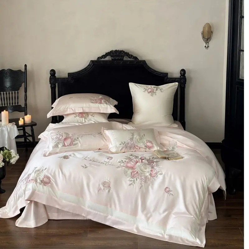 High end Flowers Embroidery Bedding Set Home Textile Pink Egyptian Cotton Princess Quilt Cover Bed Sheet Pillowcases Solid Color