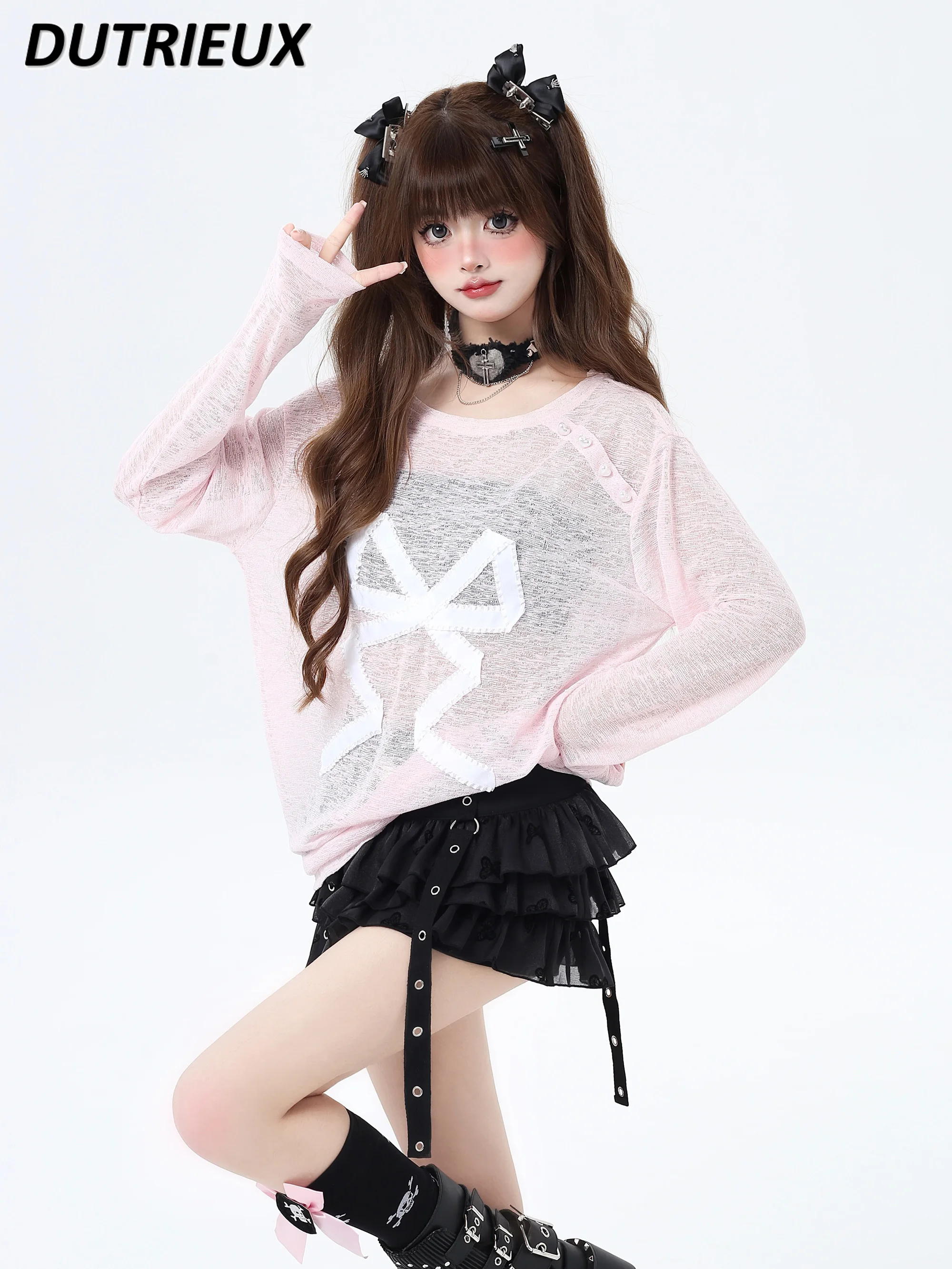 Spring Summer New Sweet Hot Girl Bowknot Slightly Transparent Pullover Slimming Loose Sun Protection Top Crew Neck T-shirt