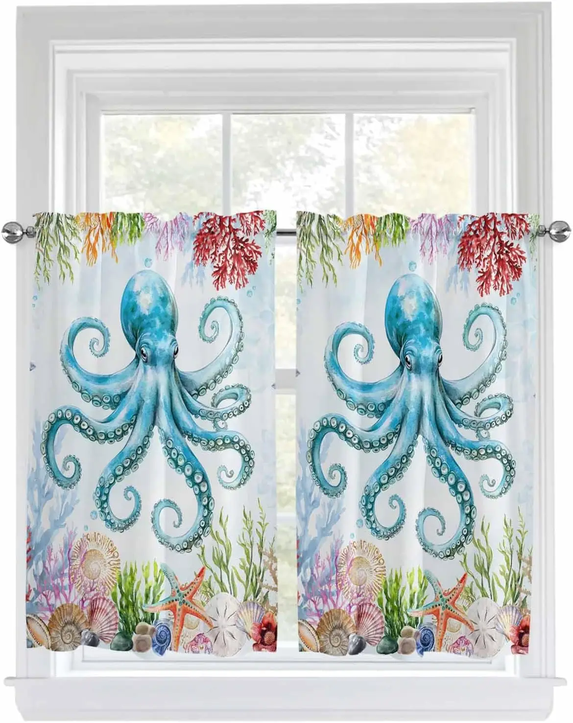 Octopus Coastal Kitchen Curtains Length for Windows, Blue Nautical Summer Beach Ocean Window Treatment Tiers Rod Pocket Curtain