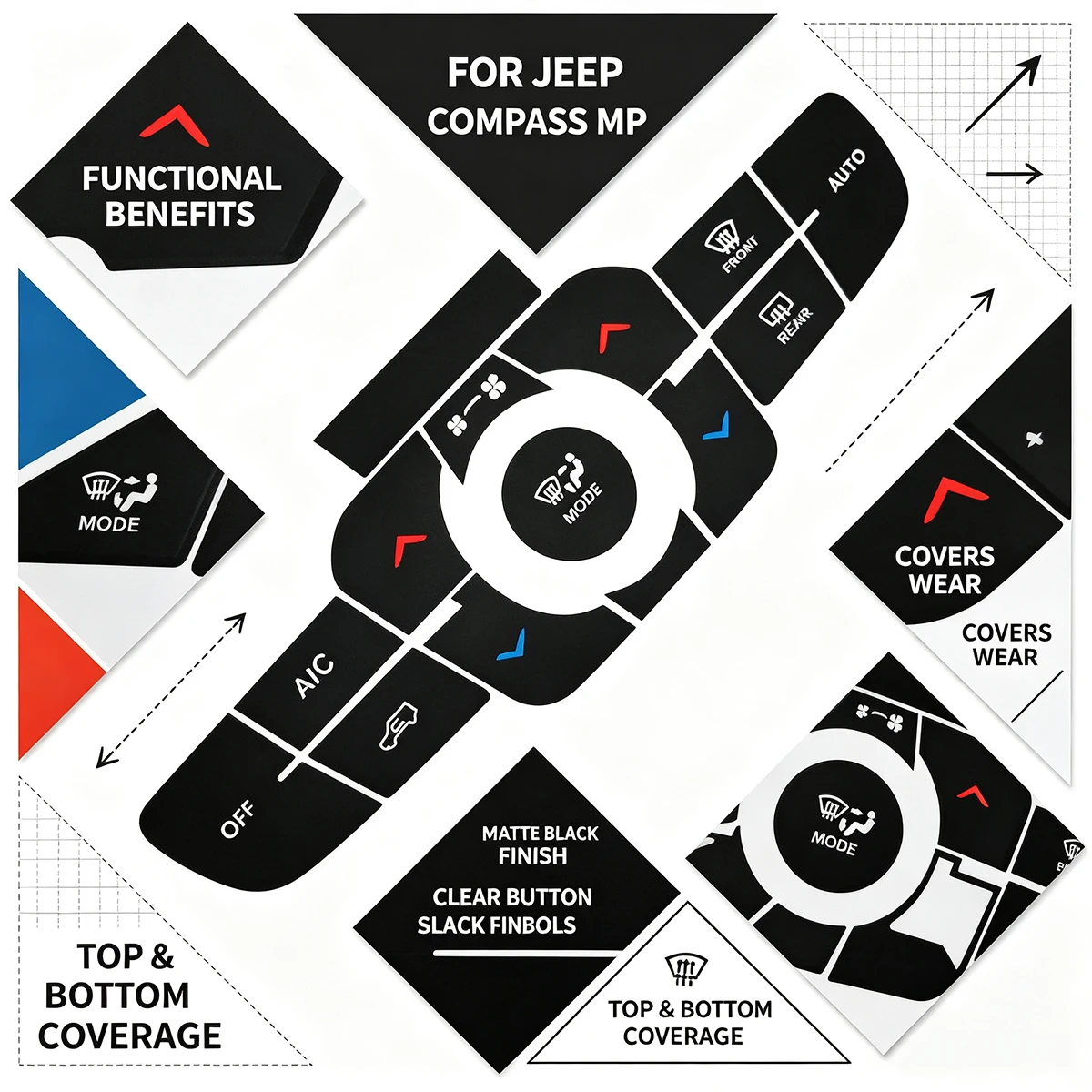 For Jeep Compass MP AC Button Repair Sticker Kit - Climate Control Reverse Radar Hazard Light Decal, Self-Adhesive PVC