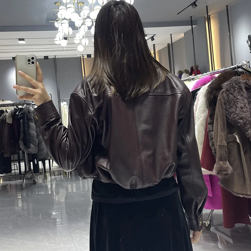 Giacca da donna corta in vera pelle marrone autunno e inverno Cappotto elegante ed elegante JFB6-25001