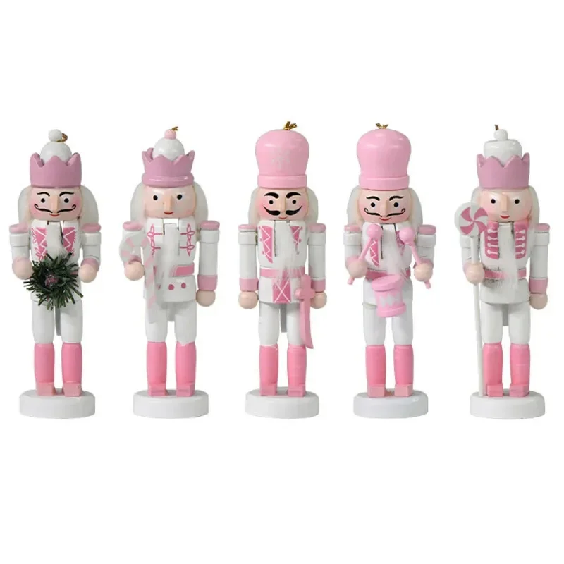 13cm Christmas White&Pink Nutcracker Puppet Soldier Ornament Cartoon Honor Guard Pendant Retro Desktop Handicraft Home Decor