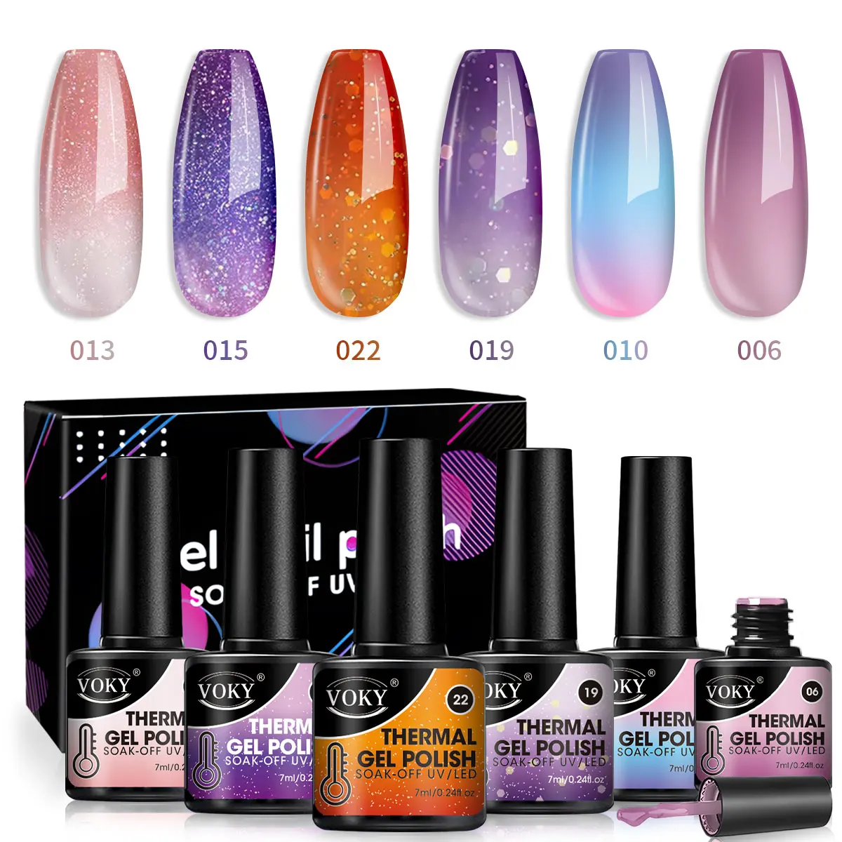 

Набор лаков для ногтей VOKY из 6 предметов, которые меняют температуру и подходят для использования в салонах.