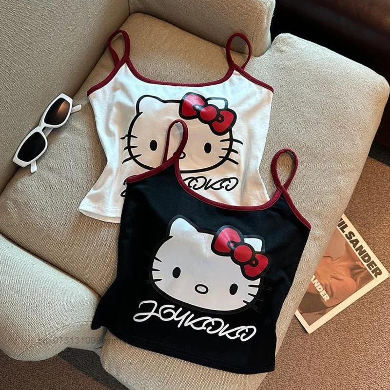 Hello Kitty Trendy Sweet Spicy Girl Cute Cartoon Print Camisole Tops for Women Sanrio Summer Outerwear Sleeveless Tops Clothes