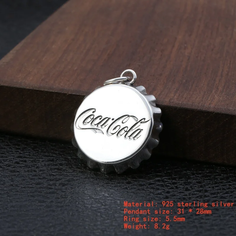 New S925 Sterling Silver Creative Cola Bottle Cap Pendant with Thai Silver Design Necklace Jewelry for Men and Women