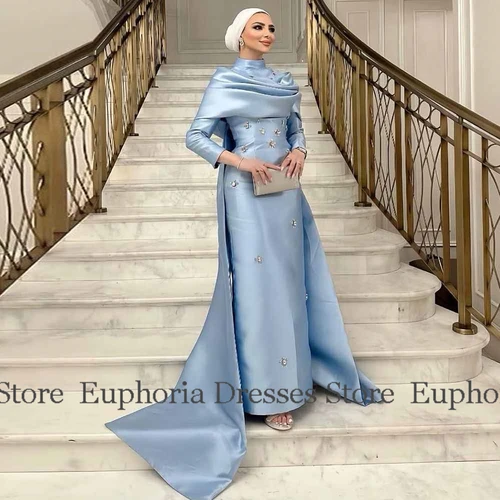 Imagen 2 del producto Vestidos para ocasiones personalizados de Dubái, columna de satén, vestido para el Día de San Valentín, cuello alto azul, diamantes de imitación/cristales, capa, vestido de graduación