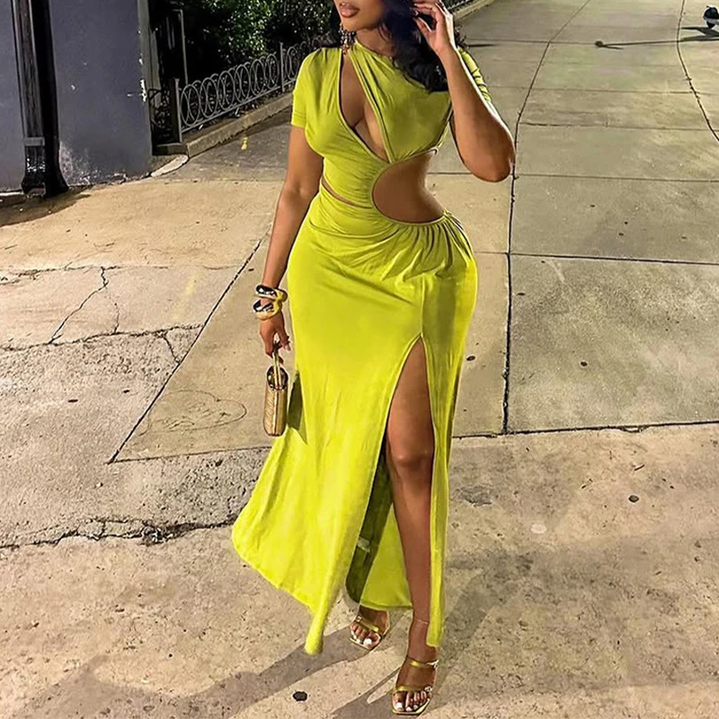 BKLD جديد مثير غير النظامية قطع قصيرة الأكمام الياقة المستديرة نحيل عالية الخصر سبليت فساتين طويلة للنساء نادي عطلة فساتين