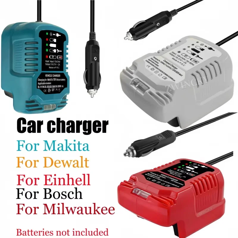 

Easy-to-install car charger for Makita/Dewalt/Milwaukee/Bosch/Einhell 18Vbatteries with LED indicator and cigarette lighter plug