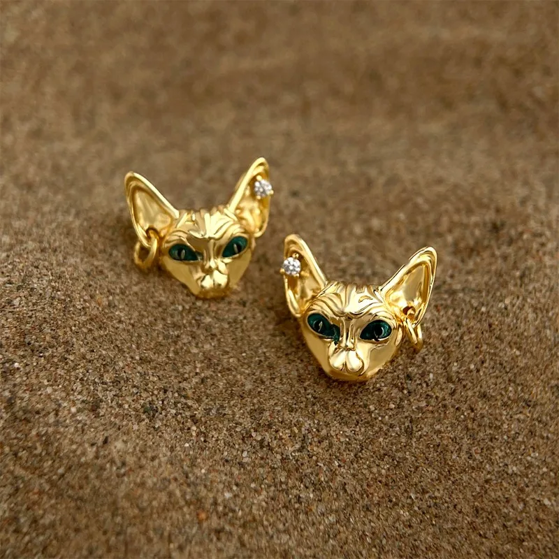 

Egyptian Cat Head Zirconia Earrings Green Eyes Personalized Daily Wear Jewelry Birthday Gift for Women Girls