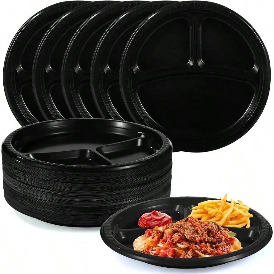 

OMISTAR Pcs 3-Compartment Divided Plates, 10 Disposable Plastic Plates With Dividers, Lunch Dinner Plates, Round Serving Plates