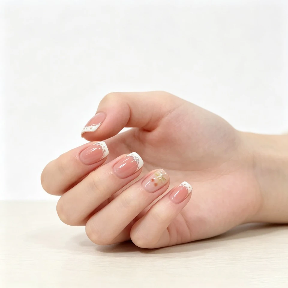 24pcs uñas postizas cortas cuadradas, dulces, francesas blancas con glitter, estrellas, rhinestones, ojo de gato y moño 2