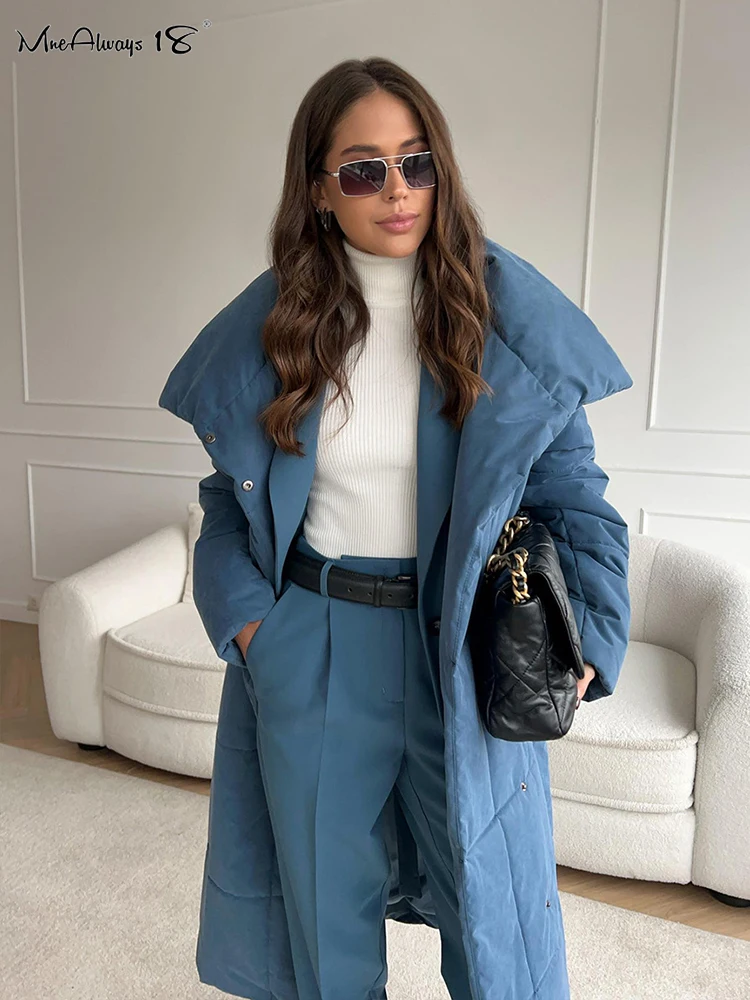 Mnealways18 Elegant Women Long Cotton-Padded Jackets With Belt Stand Collar Warm Long Outerwear Winter 2024 Solid Loose Coats