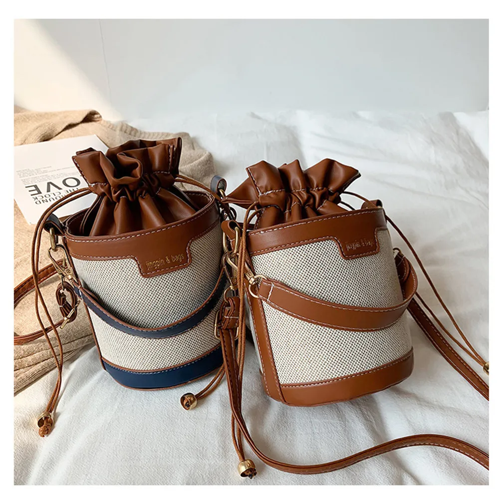 Women Fashion Shoulder Bags Cylinder Pu Leather Bucket Crossbody Bag Casual Drawstring Handbags Purse For Travel Shopping