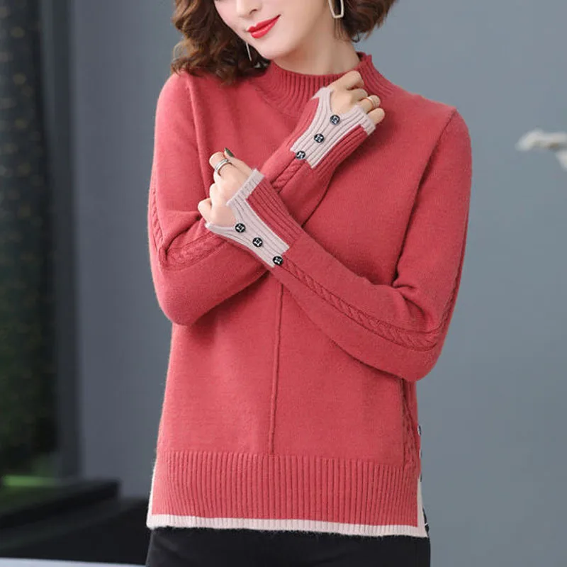 New Autumn Winter Fashion Trend Half High Collar Colored Split Loose Versatile Simple Commuter Style Women\'s Knitted Sweater