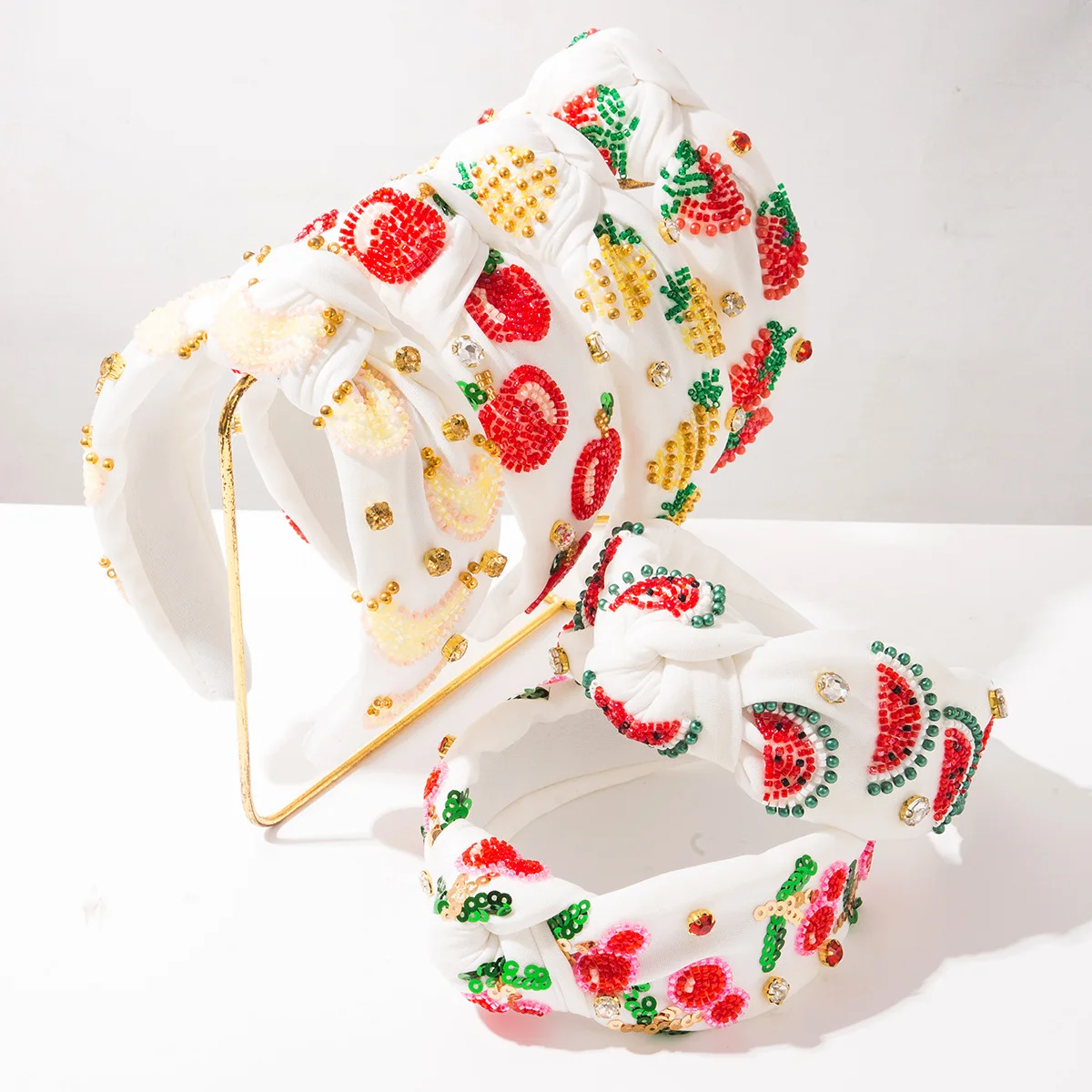 2027 Lovely Fruit Embroidery Knotted Headband For Women Knit Beaded Wide Hair Bands Boho Vacation Style Headdress Summer Holiday