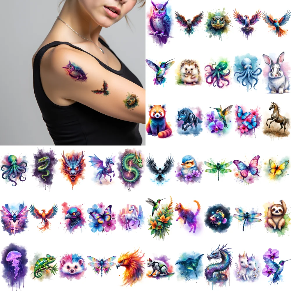 

28pcs Temporary Tattoo Waterproof Long-lasting Body Stickers Unicorn Hedgehog Hummingbird For Children Cheeks Ladies