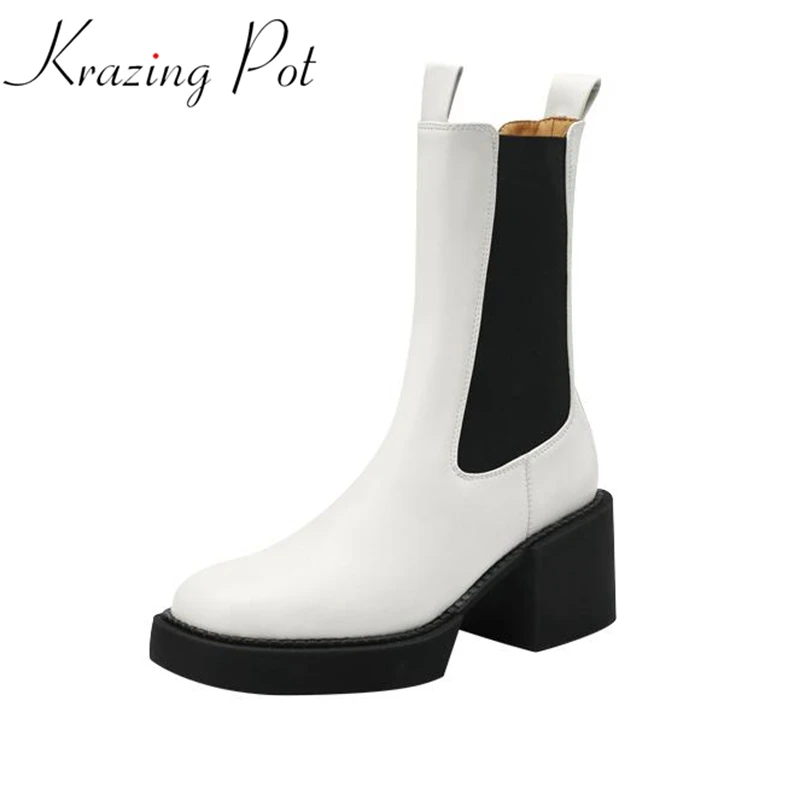 

Krazing Pot Cow Leather Round Toe Thick High Heels Winter Keep Warm Handsome Western Boots Mixed Color Fashion Mid-calf Boots