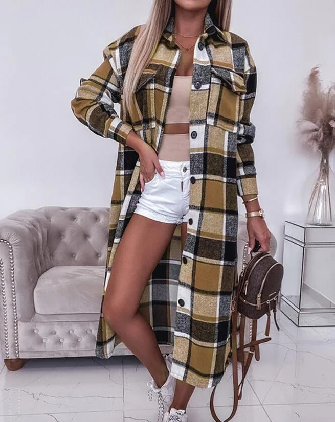 

Checker Printed Ribbed Pocket Design Long Coat New Fashion 2023 Best-Selling Women's Coat