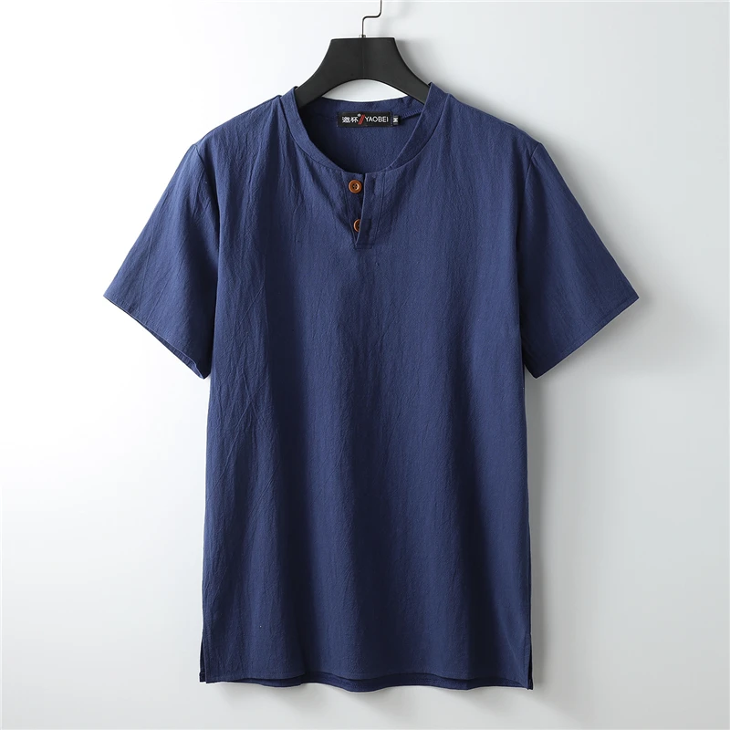 Camiseta de lino para hombre, camisa informal de moda, cuello Henley, talla grande 8XL 9XL, Color sólido, Verano