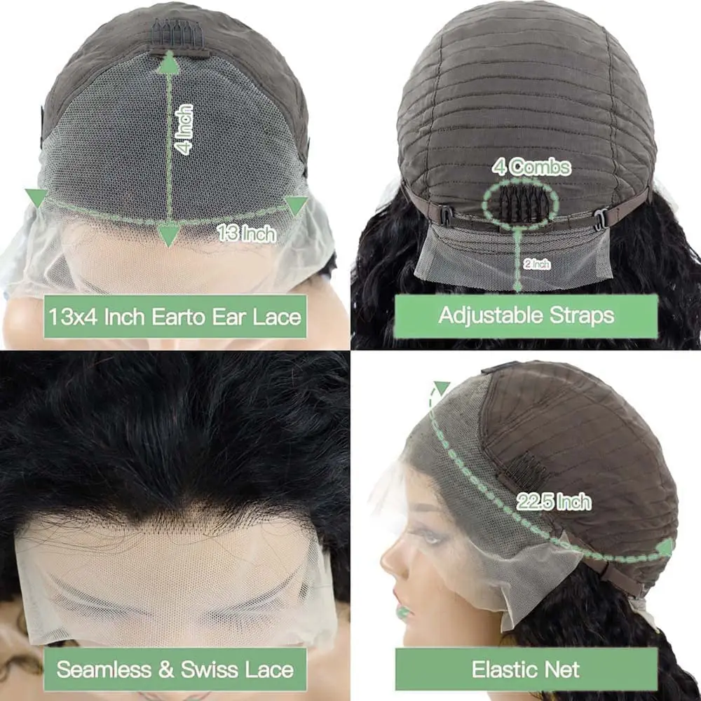 ディープウェーブフロントウィッグ 13x4 レースウィッグ 32インチ カール人毛ウィッグ 生え際調整済み HD 360レースウィッグ 目立たないドローストリング 女性用