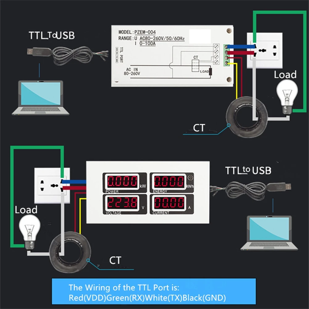 PZEM-004 Einphasen-Energiemessgerät, rote LED-Anzeige, elektrische Instrumente, Volt, Ampere, Watt, Kwh-Anzeige, TTL, Modbus