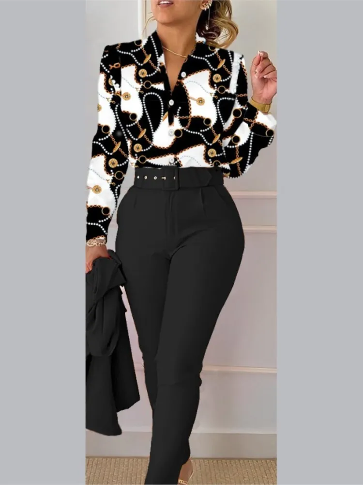 

Elegant Two Piece Outfits Women Fashion Print Slim Fit Standing Collar Long Sleeve Shirt Top & Solid Long Pants Sets With Belt