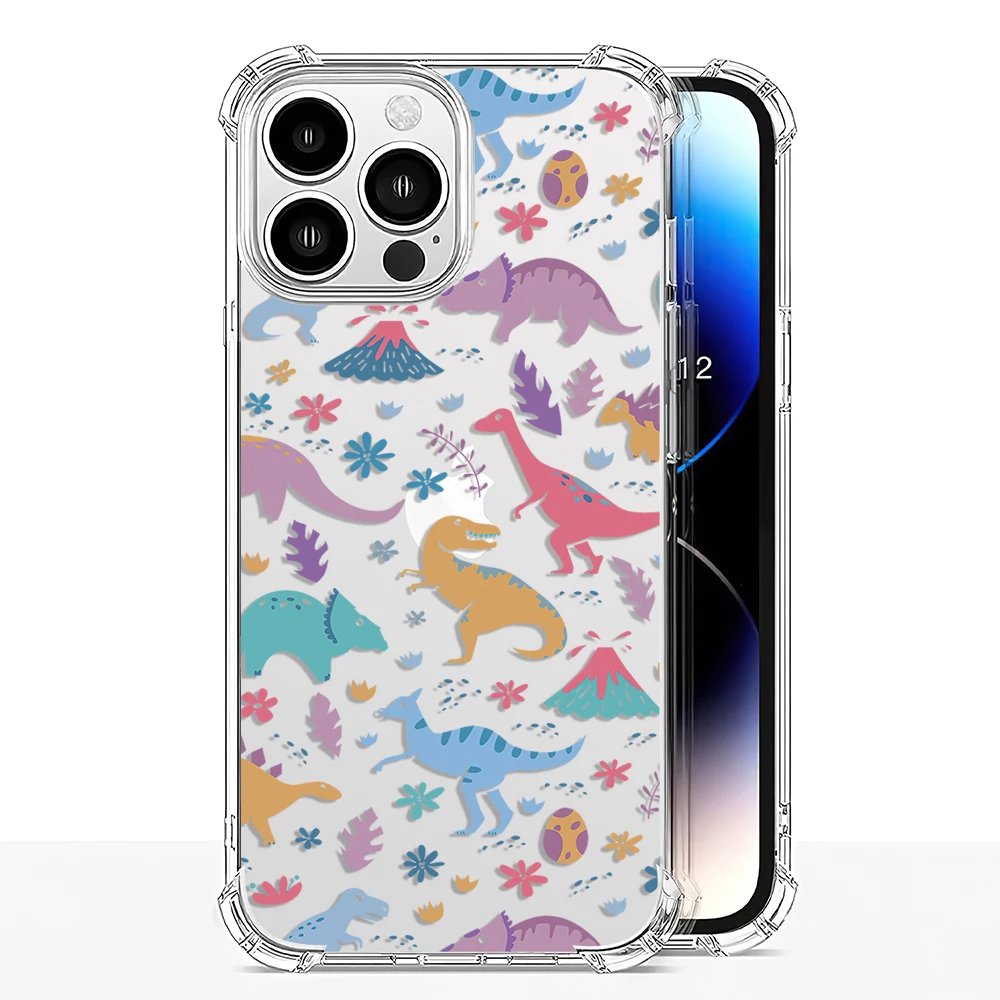 Custodia per telefono dinosauro divertente a colori per iPhone 15 14 13 12 11 Pro X XS XR Max 7 8 Plus SE 2 3 Mini Cover antiurto in TPU trasparente