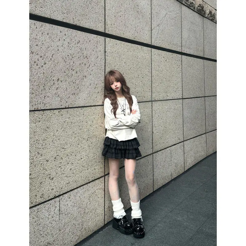 Pure Desire Spice Girl Splicing T-shirt met lange mouwen Dames Herfst Luie stijl Ontwerp Losse eenvoudige top Taartrok Tweedelige set