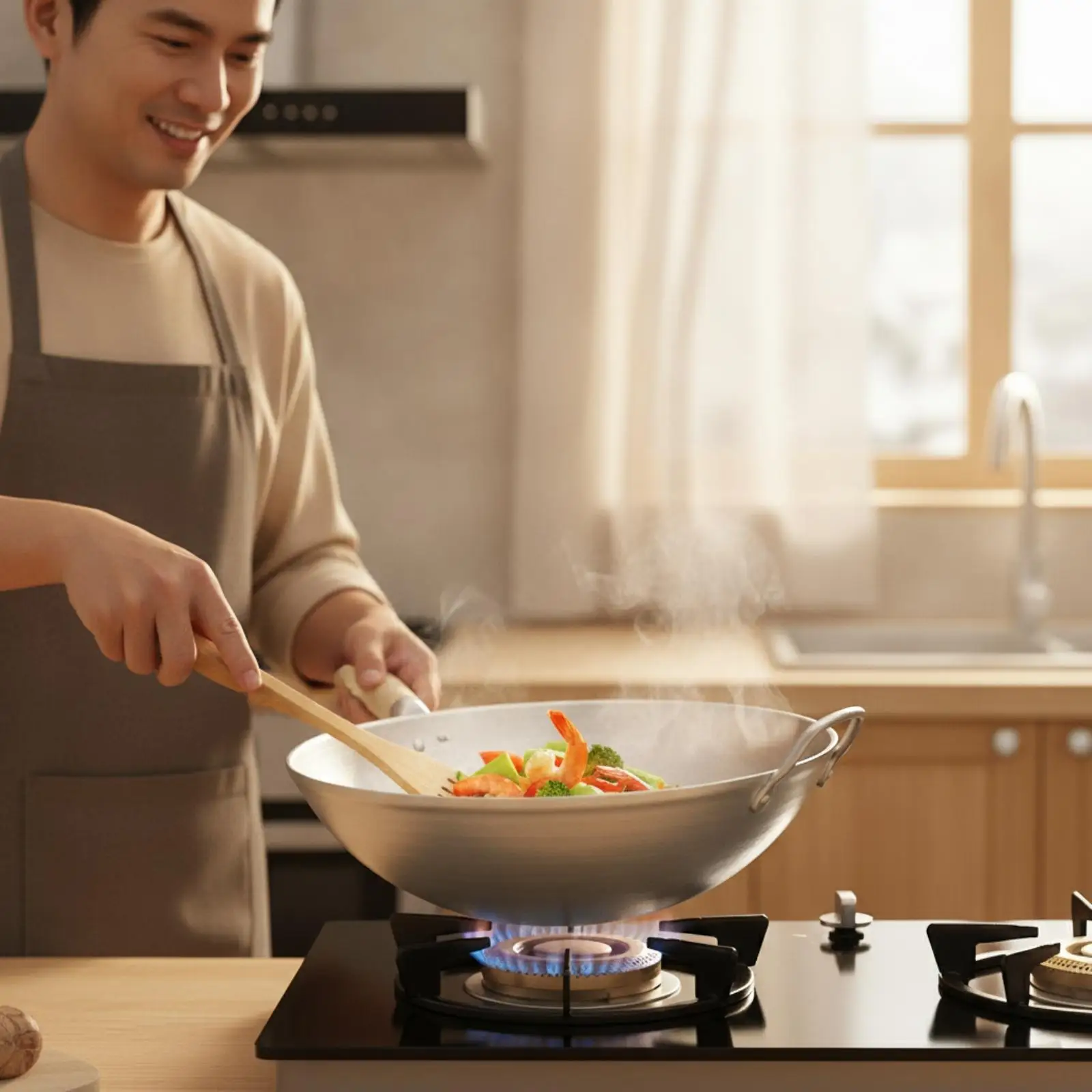 Uncoated Aluminum Frying Pan Quick Heat Distribution Wok Pan for Kitchen Daily Stir Fry Cooking with Ergonomic Wooden Grip
