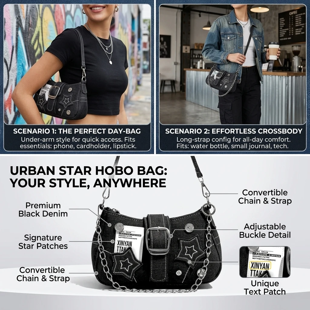 Y2k Fashion Women's Handbags Stars Pattern Cool Girls Underarm Bag Vintage Canvas Female Small Shoulder Bags Chain Tote Purses