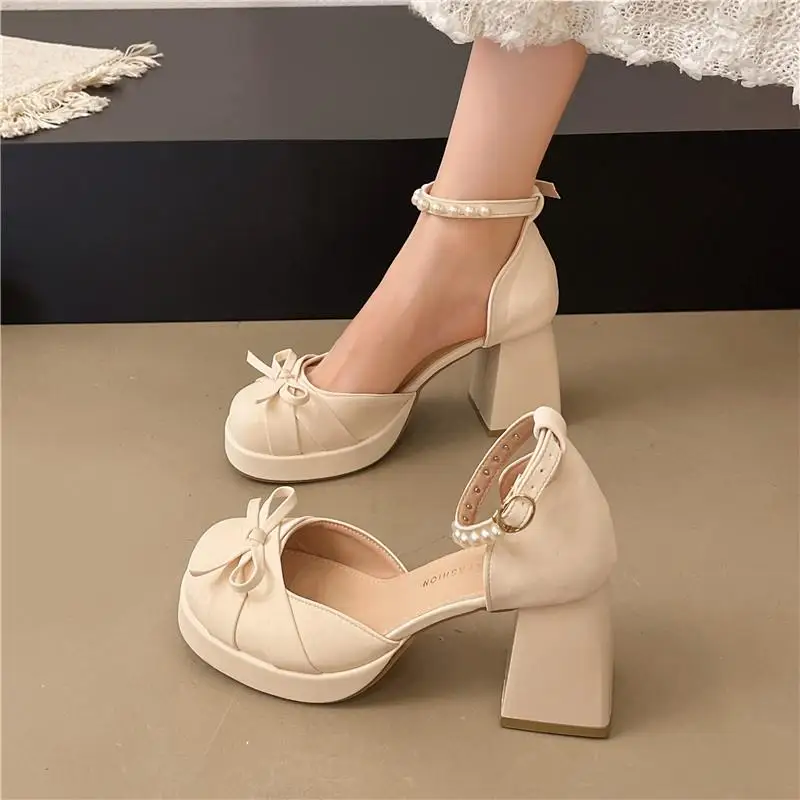 Knot High Heels Pearl Embellished Chunky Mary Janes Women's Shoes Fairy Tale Style Summer Fashionable with Skirts Footwear