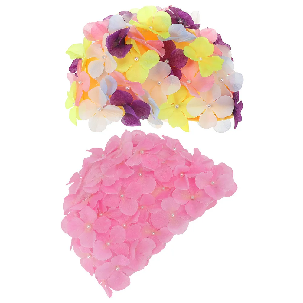 2 قطعة قبعة سباحة على شكل زهرة مقاومة للاهتراء، قبعة حمام مرنة قابلة لإعادة الاستخدام للنساء، ضفائر شعر طويلة، تجربة سباحة مريحة