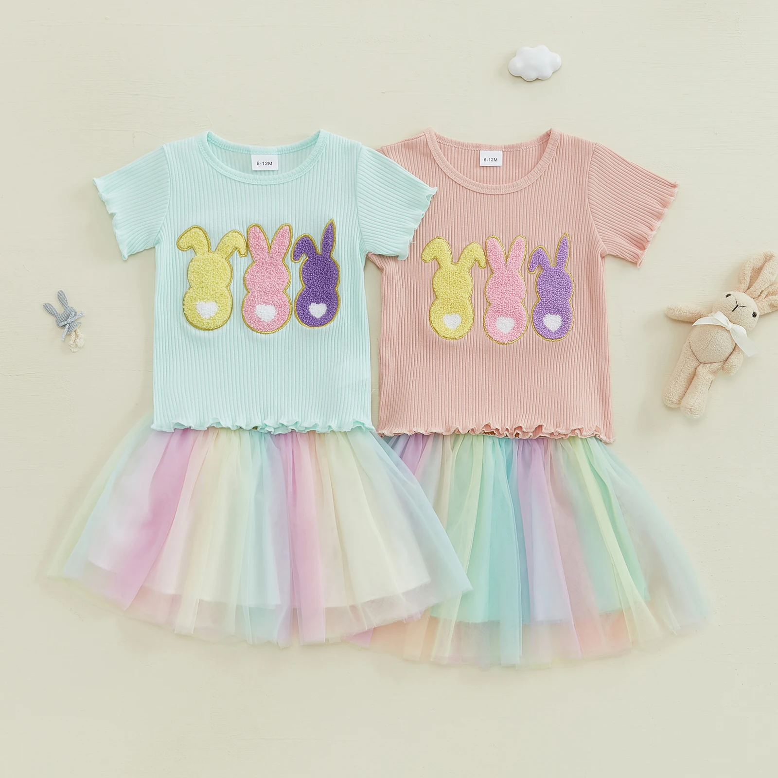 Conjuntos de Pascua para niña pequeña, camisetas de manga corta con cuello redondo y bordado de conejo, faldas de tul de arcoíris, conjunto de ropa de 2 uds.