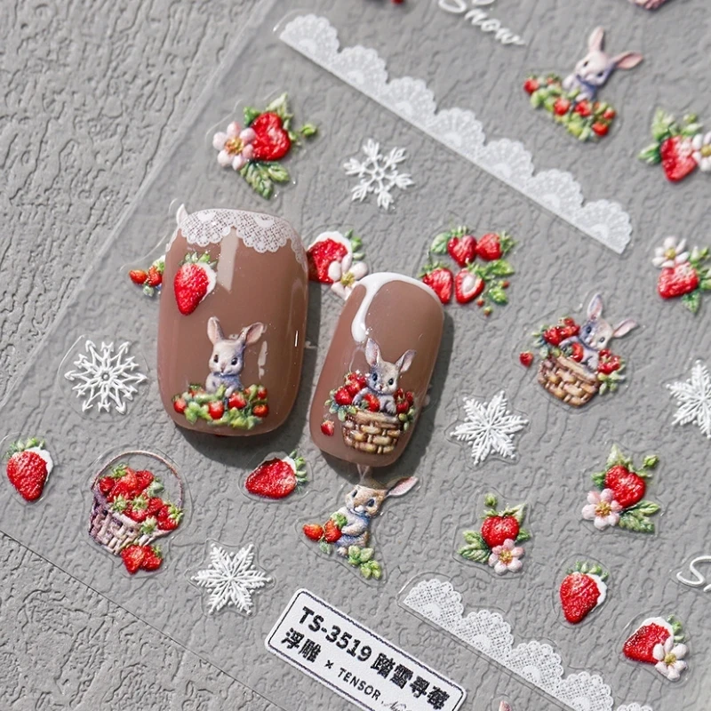 Schöne Kaninchen rote Erdbeere Schneeflocke 5D weiche geprägte Reliefs selbstklebende Nail Art Aufkleber süße Hase 3D Maniküre Aufkleber