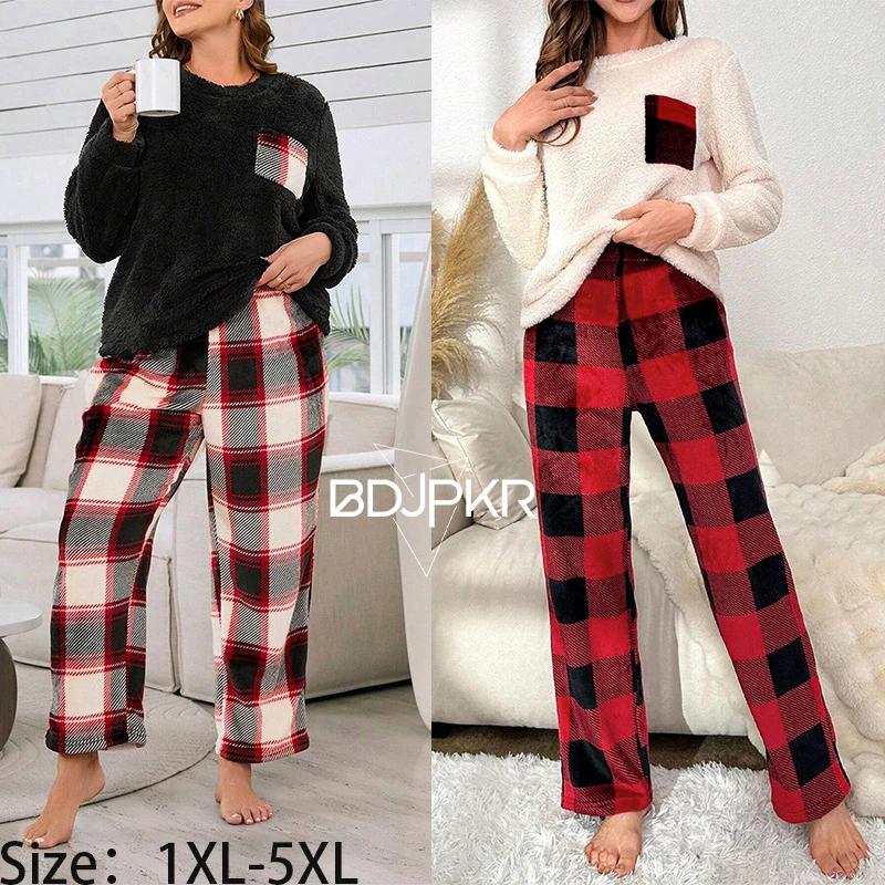 

Women Top And Trousers With Round Collar, Long Sleeve Sleepwear Set, Square Print, Loose, Comfortable, Plus Size, Autumn, Winter
