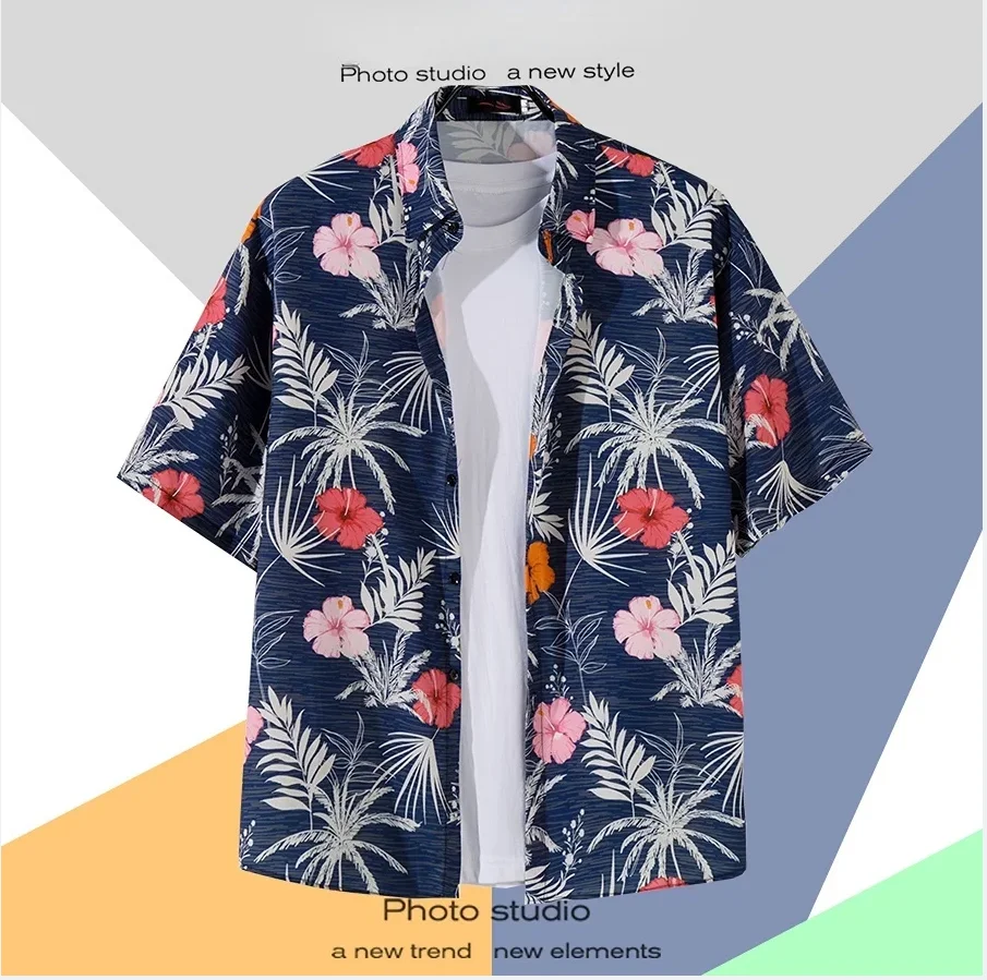 Men Street Fashion Summer Daily Shirt Hawaiian Cartoon Print Casual Loose Shirts Short Sleeve Beach Loose Tops