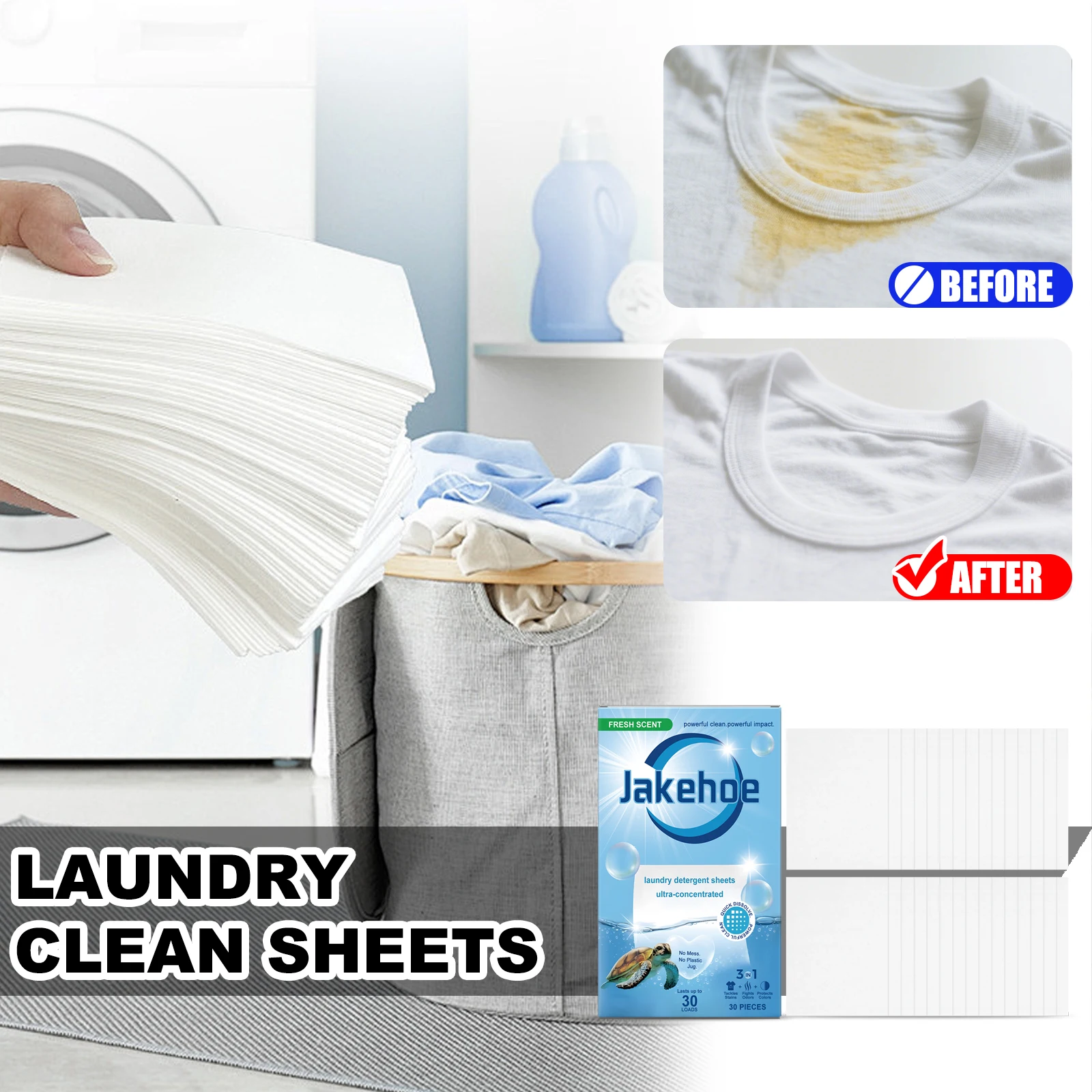 JAKEHOE Laundry Detergent Sheets Powerful Stain Remover Quickly Dissolves Long-lasting Fresh Scent Eco Friendly Safe for Machine