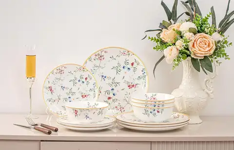 Bone China Plates and Bowels,12-Pieces Dinnerware Sets, Highly Chip and Crack Resistant, Dishwasher & Microwave Safe Dishes Set,