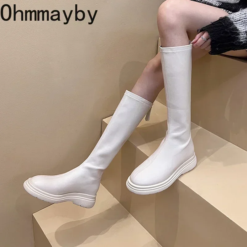 Winter Cotton Women\'s High Boots Fashion Soft Leather Back Zippers Long Botas Ladies Comfort Short Plush Knee High Booties