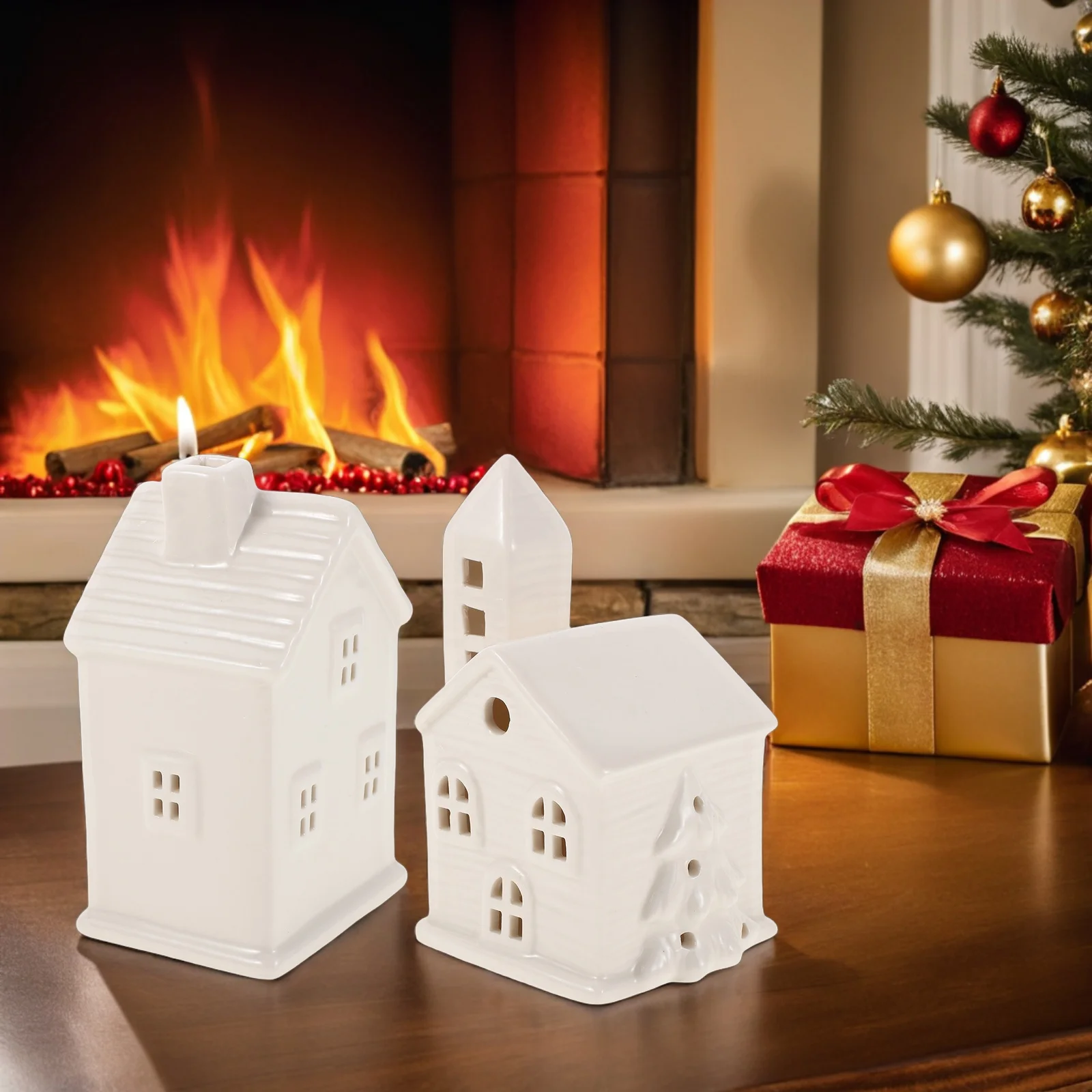 

2Pcs Christmas Ceramic LED Village Houses Mini Porcelain Hanging Ornaments Holiday Table Decor Small Ceramic Lighted Houses