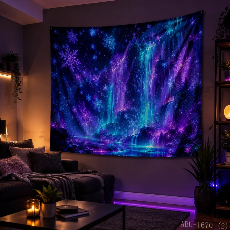 VIKAMA Neon Pink Blue Snowflake Rain Gift Water Reflection Starry Black Vertical Glow Christmas Tapestry Wall Hanging Bedroom
